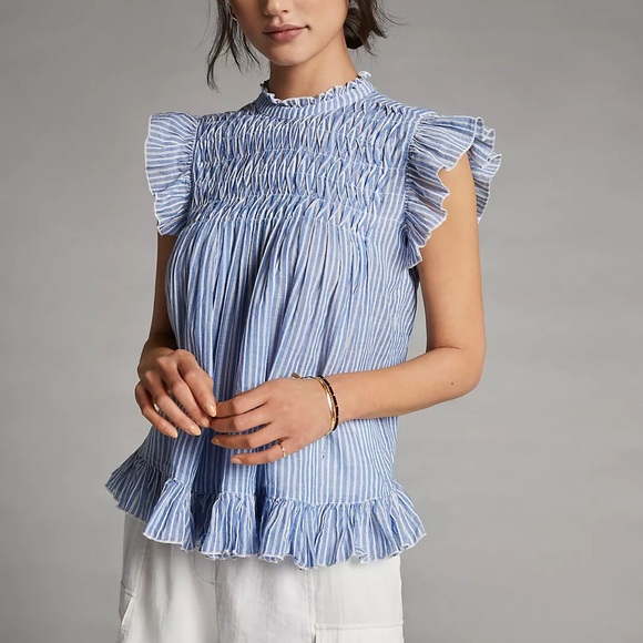 Anthropologie Tops - By Anthropologie Uli Ruffled Blouse blue white stripe back tie size large